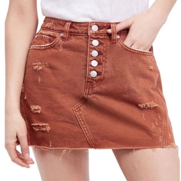 free people 25 WeTheFree Rust Brown Deconstructed A-Line Mini Denim Skirt - Picture 1 of 13
